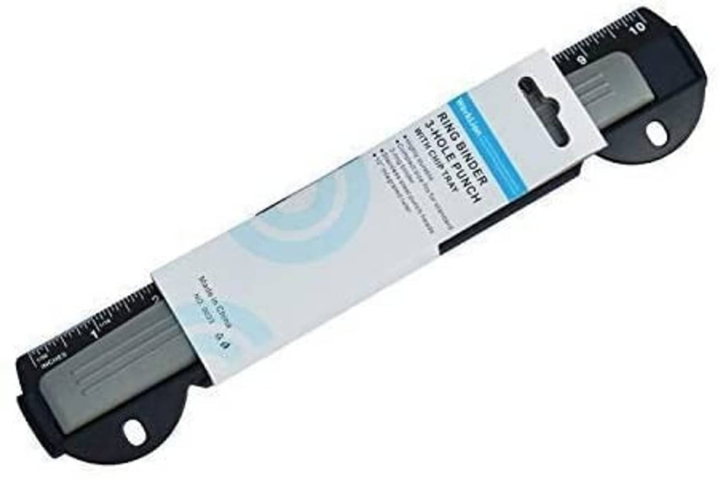 Compact 3-hole hole punch with top carry handle and metal punch opening