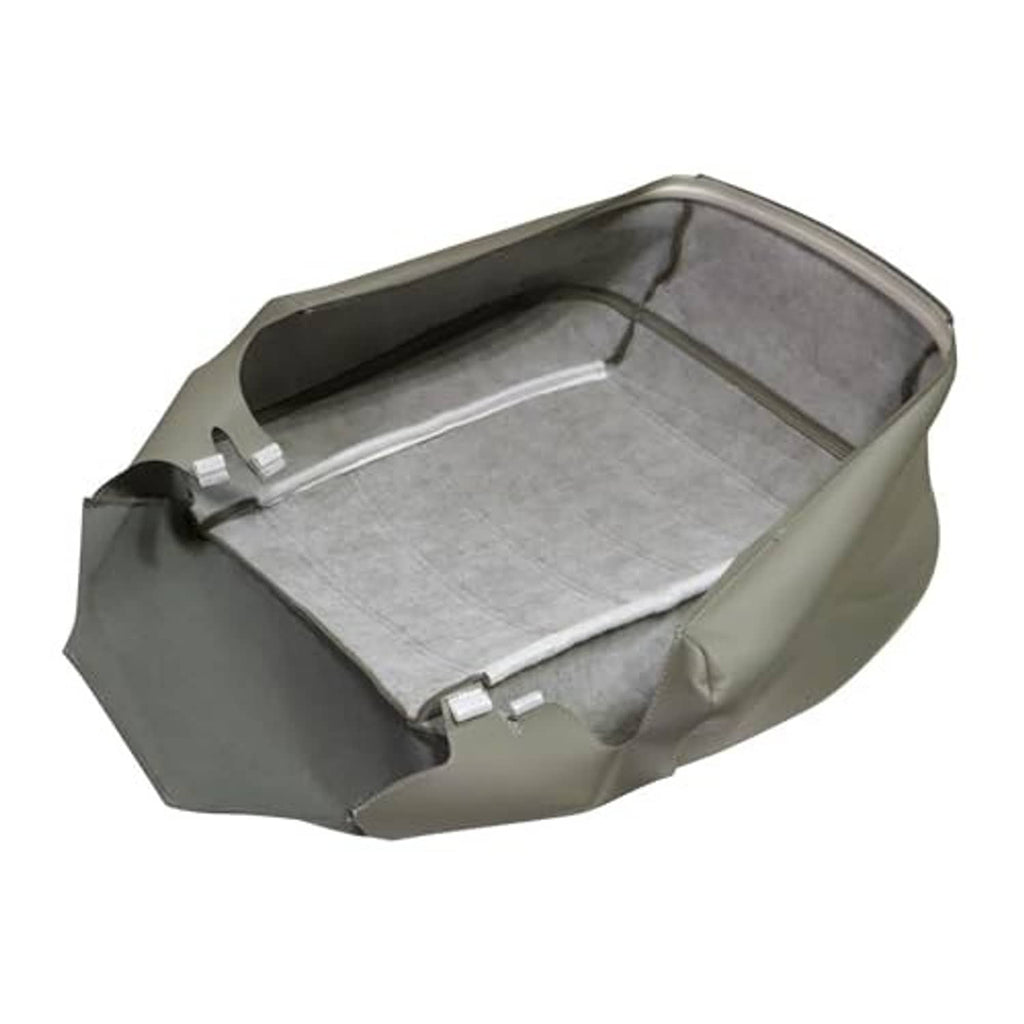 Gray synthetic leather seat cover underside with fitted base and securing straps