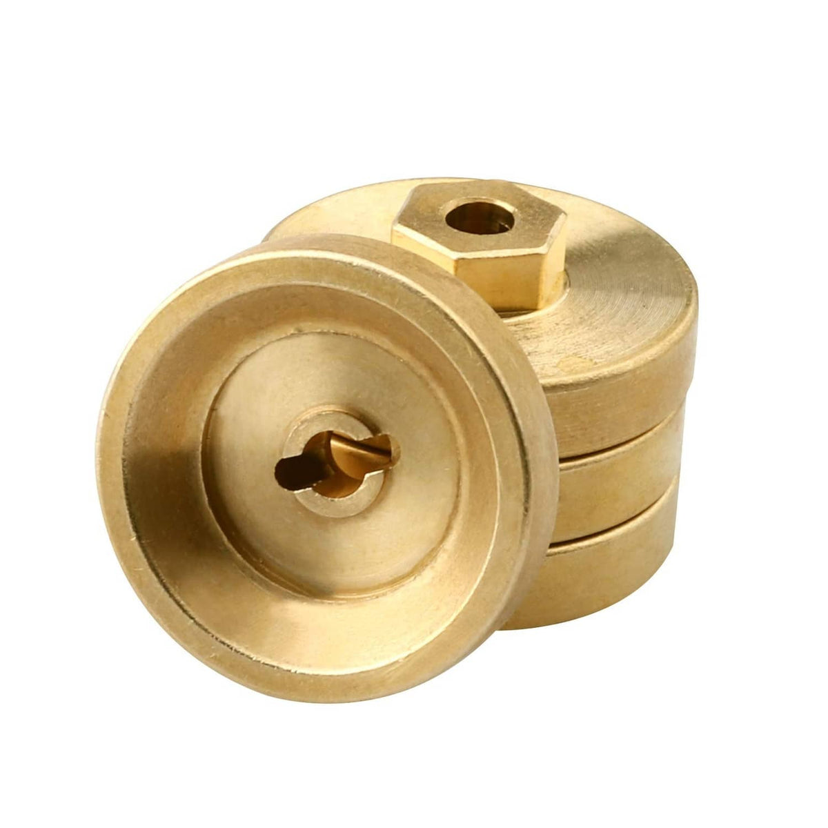 Gold brass wheel weight hex adapter with central hex insert and circular faceplate