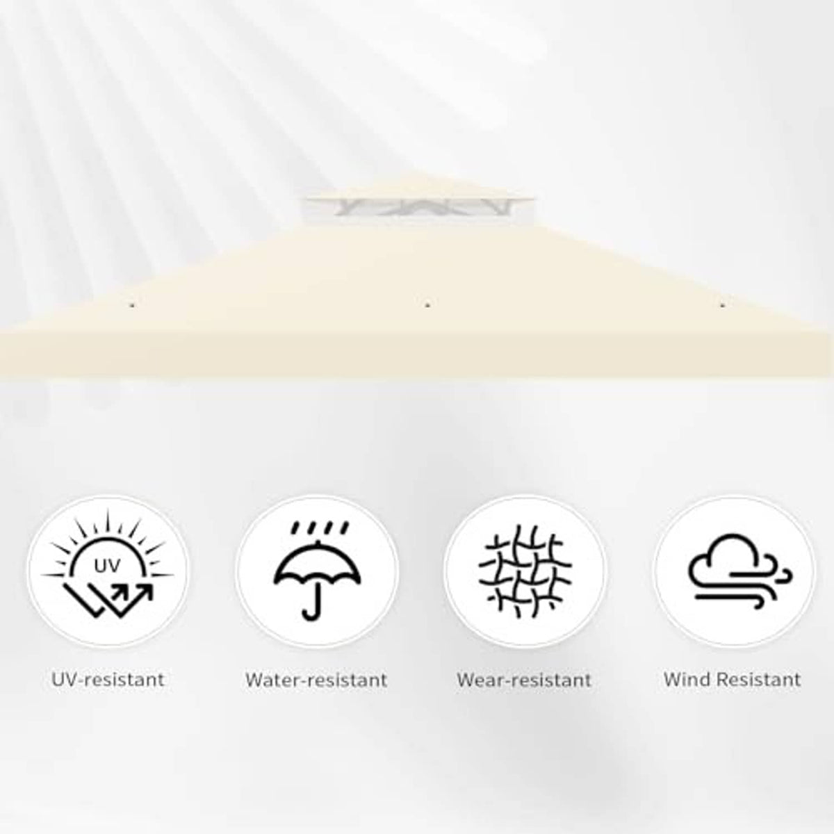Beige double-tier gazebo top canopy cover close-up with vented fabric panels