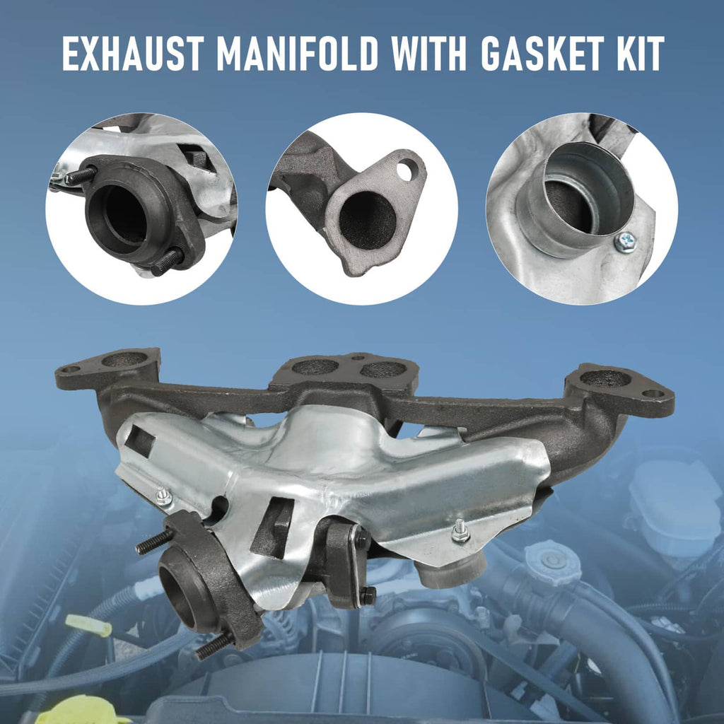 Exhaust manifold and gasket kit with black exhaust outlets and silver cast heat shield