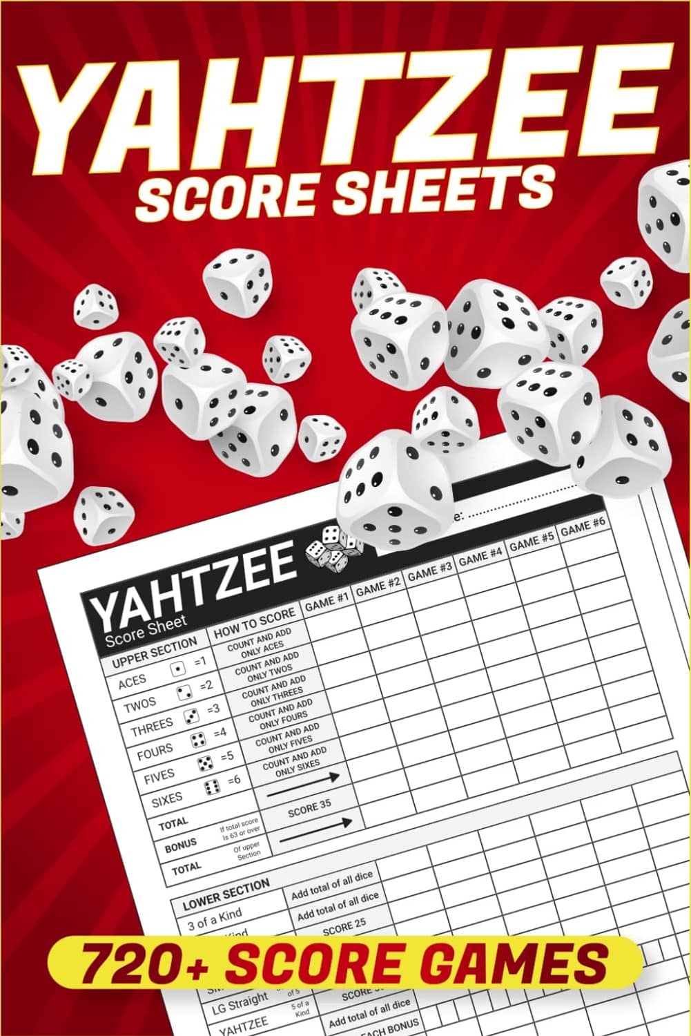 Yahtzee score sheets pad with red cover, dice graphics, and score grid lines