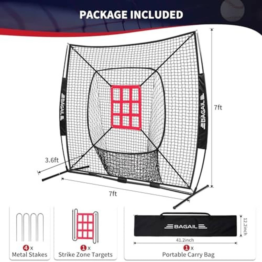Black 7x7 ft practice net kit with red strike target, metal stakes, and carry bag
