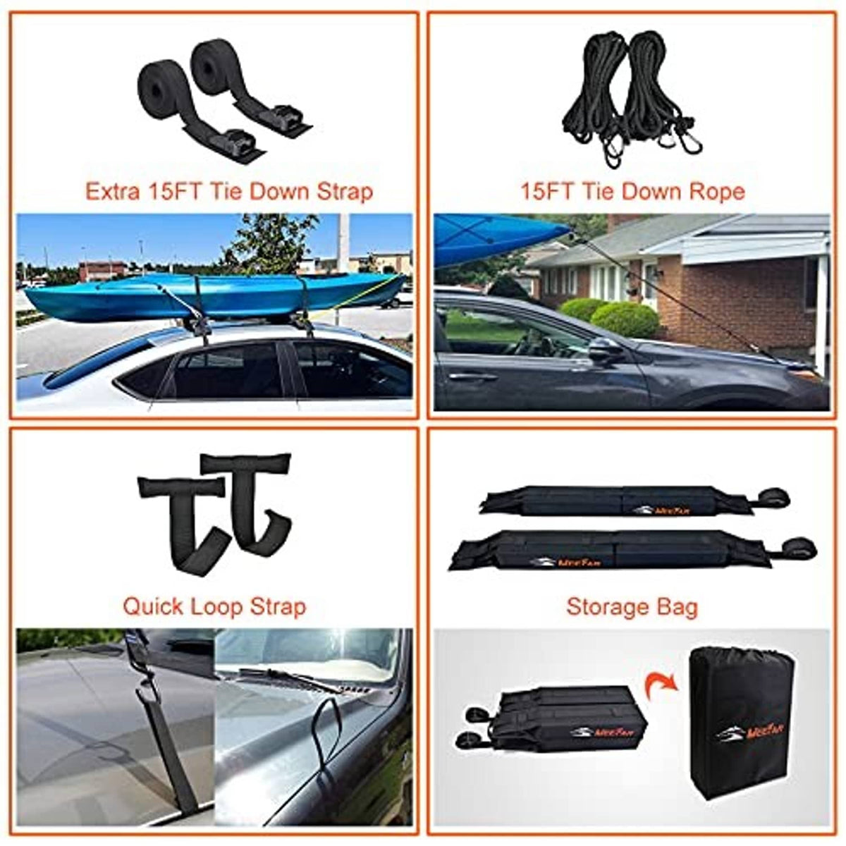 Roof pad tie-down straps with storage bag and quick loop strap hardware, black set
