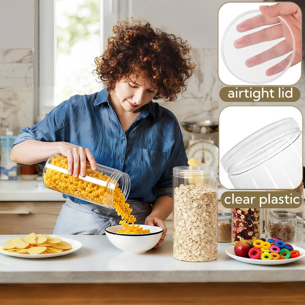 Clear plastic jar with airtight lid, wide mouth for storing snacks and cereal