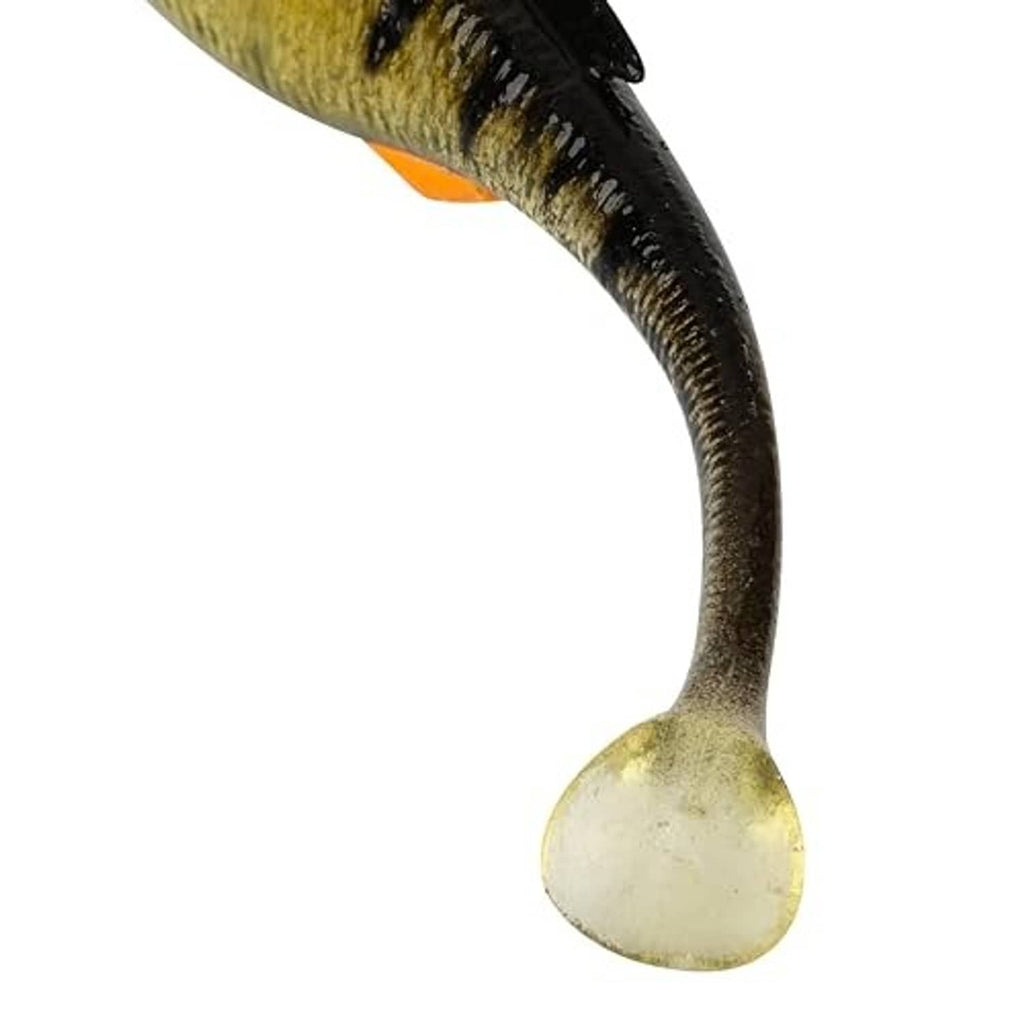 Soft plastic fishing bait with curved tail, dark green and black striped body