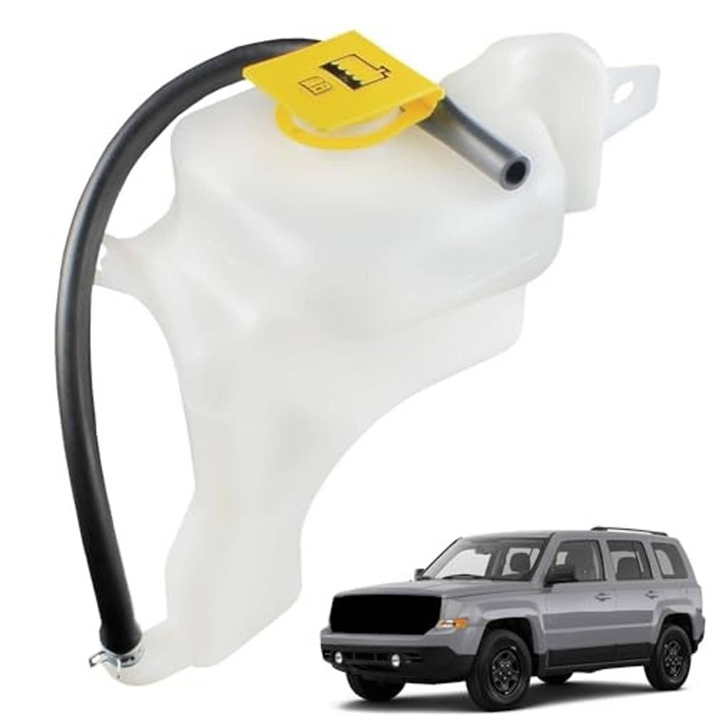 White coolant overflow reservoir tank with yellow cap and attached black inlet hose