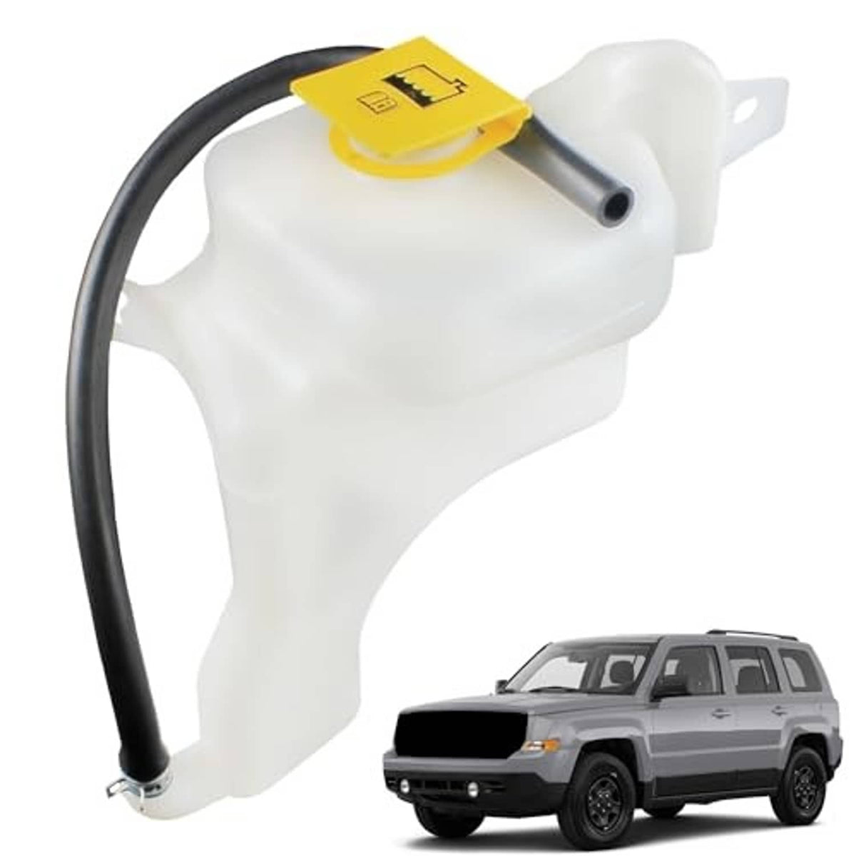 White coolant overflow reservoir tank with yellow cap and attached black inlet hose