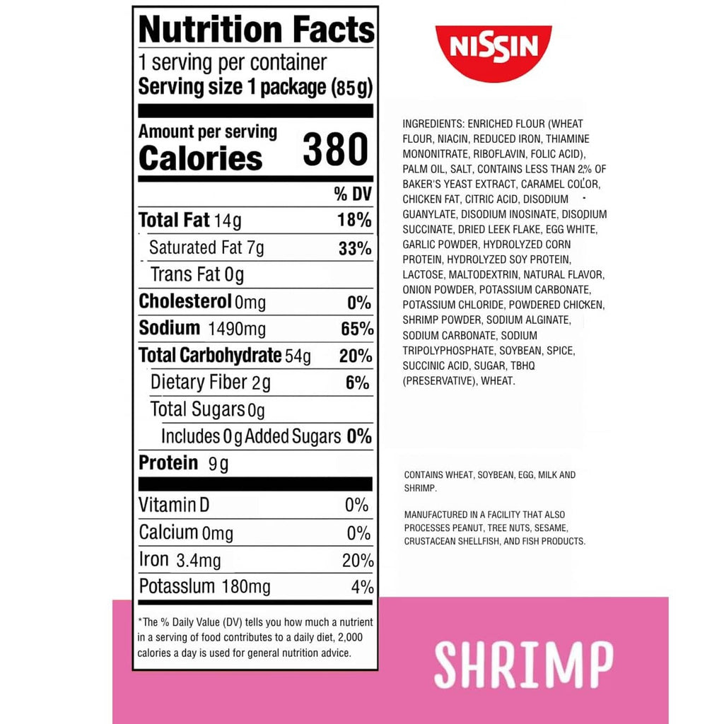 Nutrition facts label for shrimp flavor instant ramen noodle soup