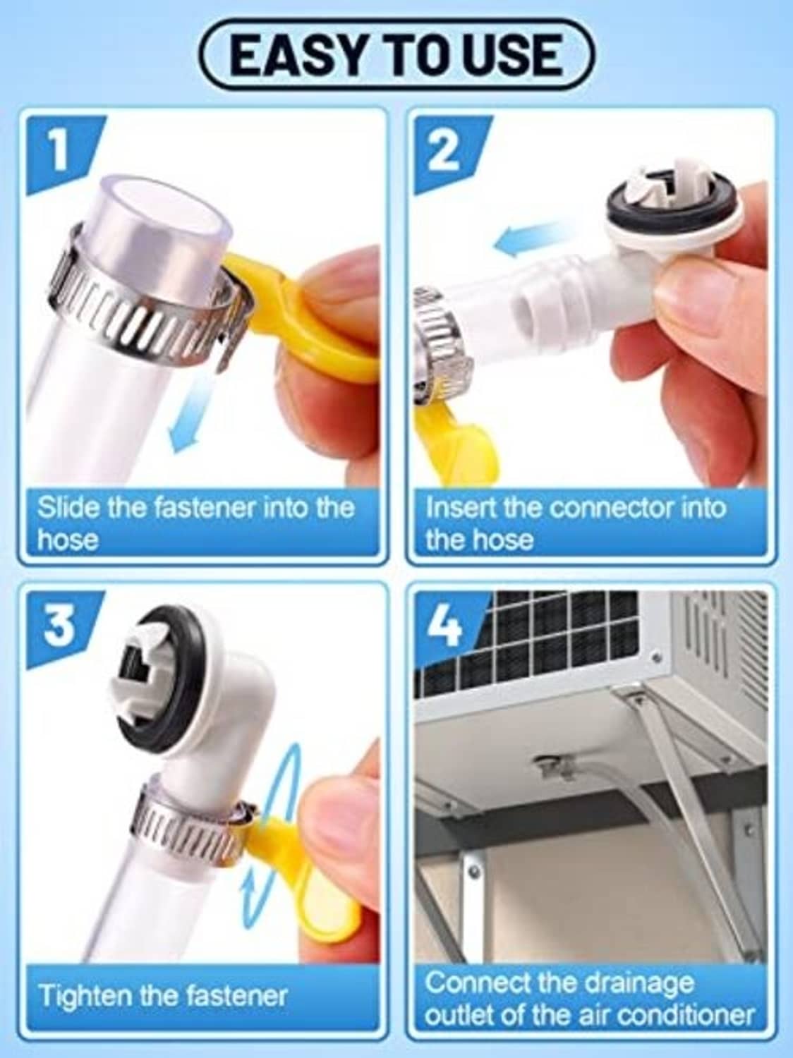 Slide-on fastener and white hose connector pieces for easy AC drainage assembly
