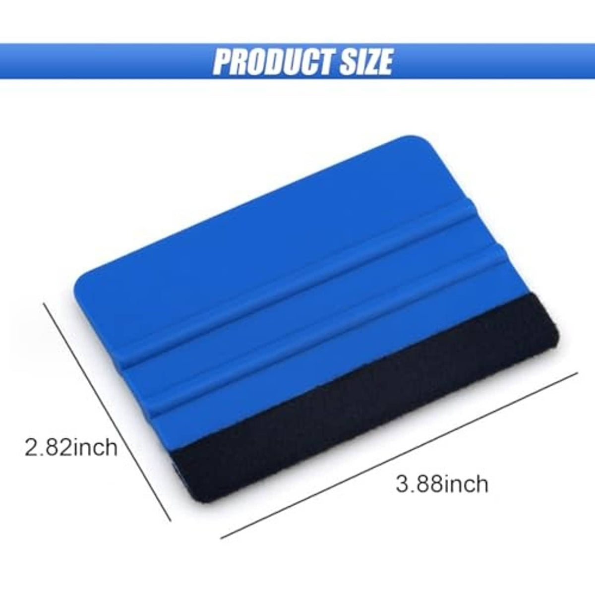 Blue plastic squeegee with black felt edge, about 3.88 x 2.82 in