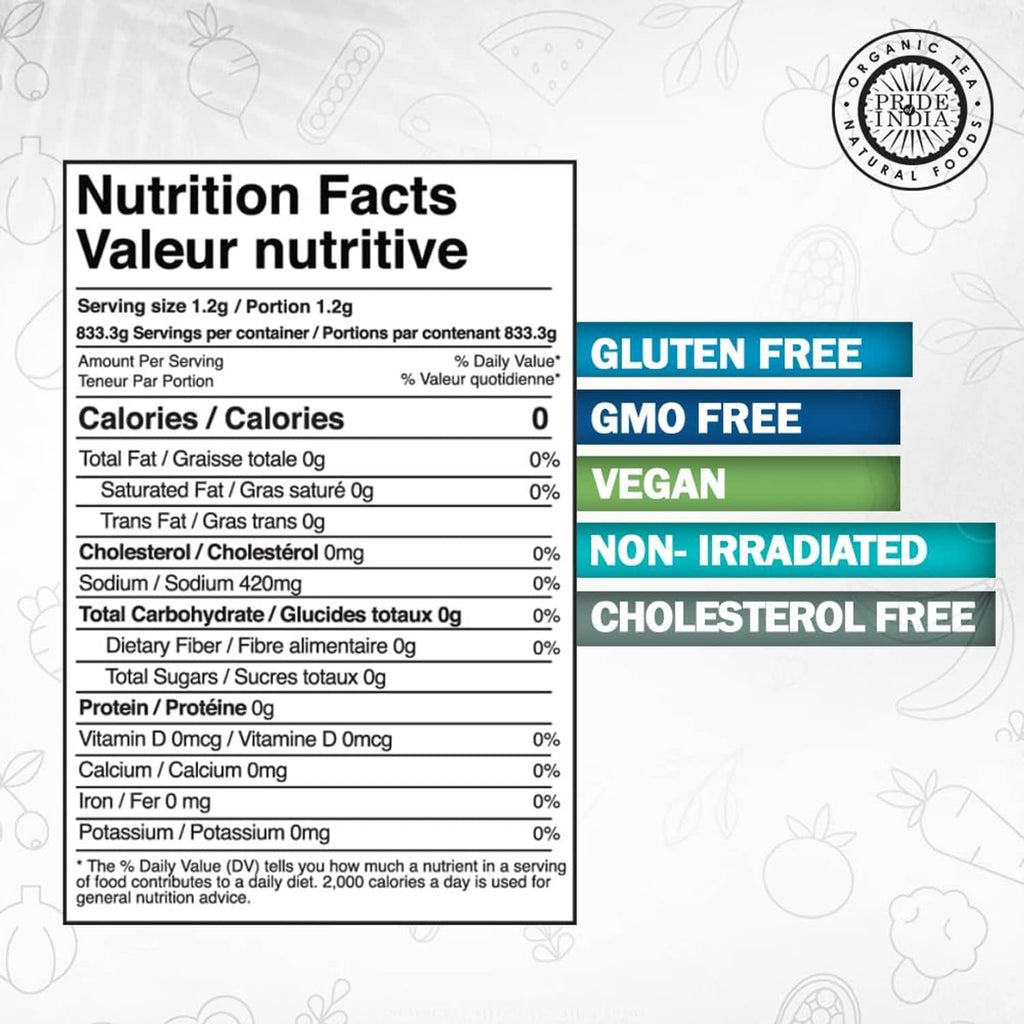 Nutrition facts panel for black salt with gluten free, vegan, GMO free, non-irradiated badges