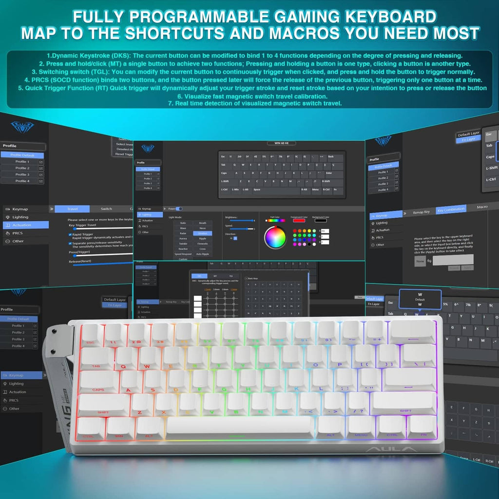 White 60% mechanical keyboard with RGB lighting and programmable keys layout
