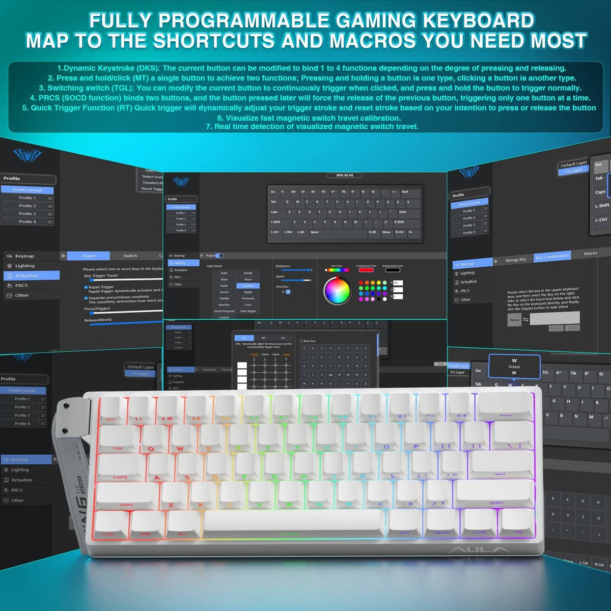 White 60% mechanical keyboard with RGB lighting and programmable keys layout