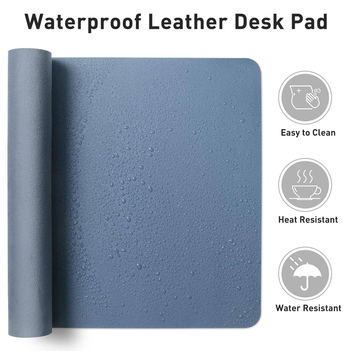 Denim blue waterproof PU leather desk pad protector with water droplets and rolled edge