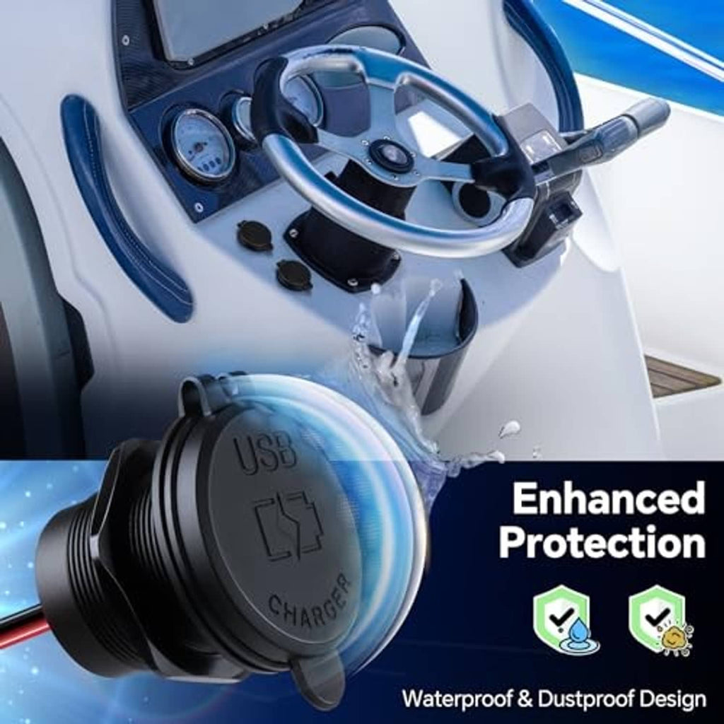 Dual-port USB car charger plug with water-splash protection effect on the face