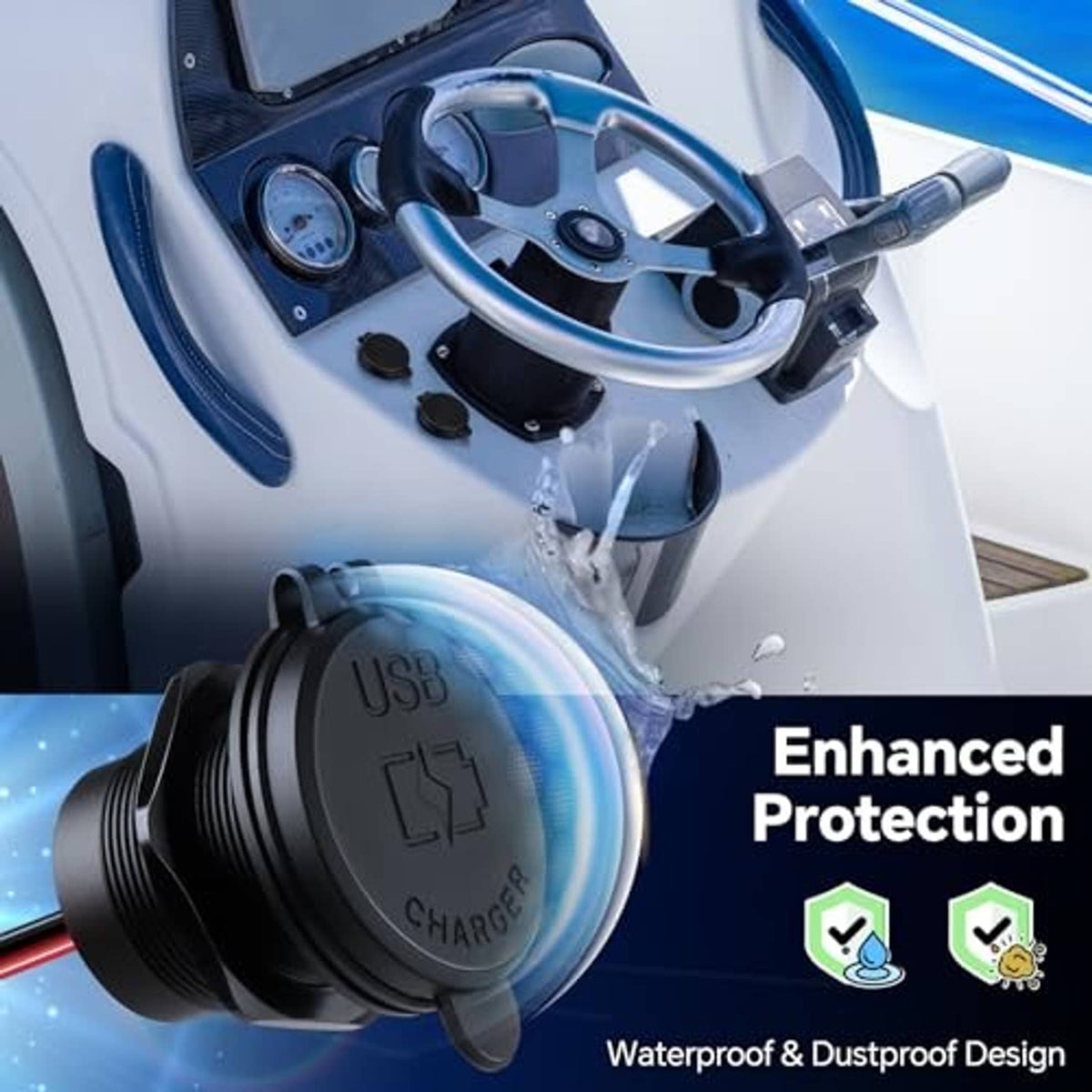 Dual-port USB car charger plug with water-splash protection effect on the face