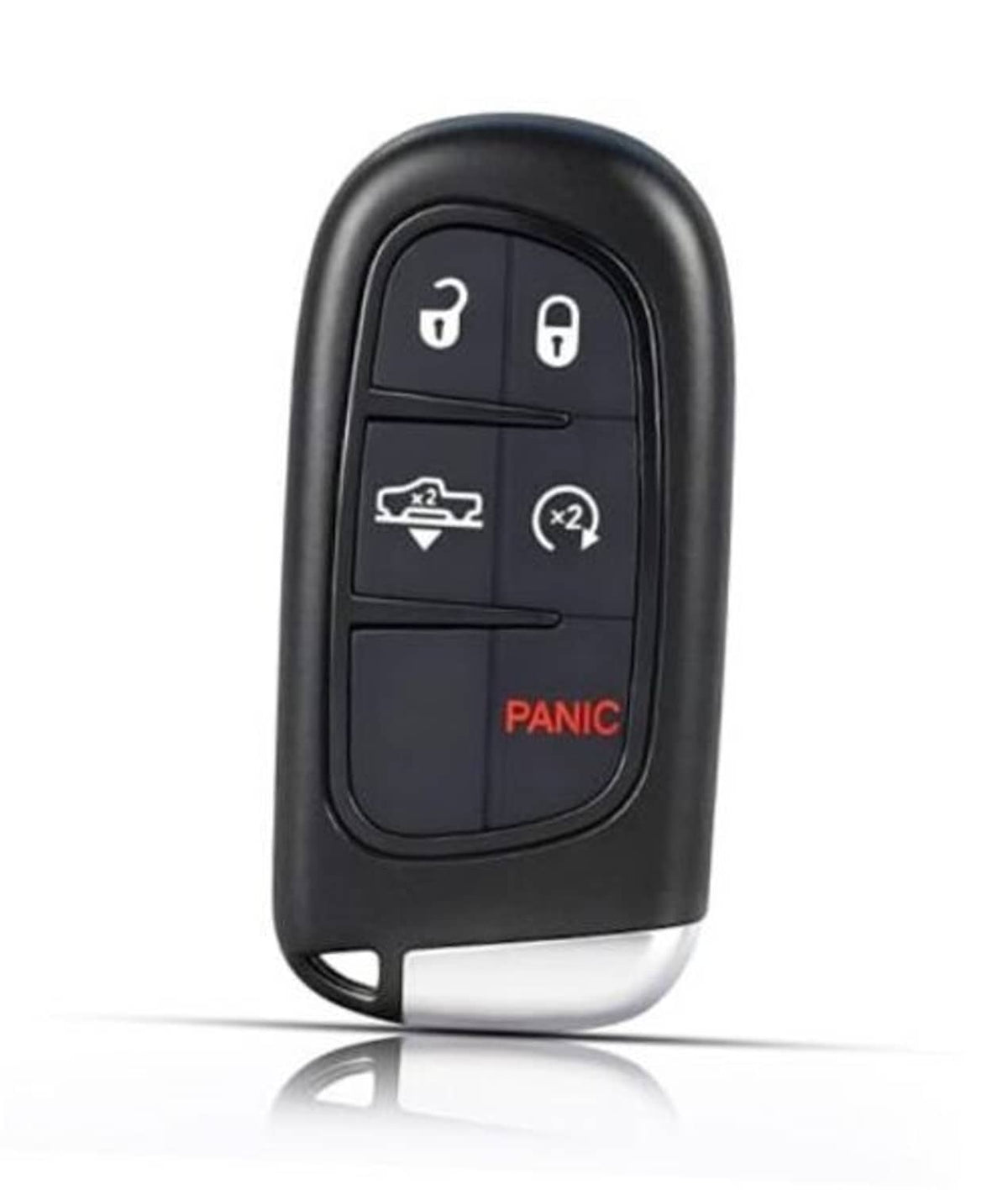 Black keyless entry remote fob with lock, unlock, panic, and trunk buttons