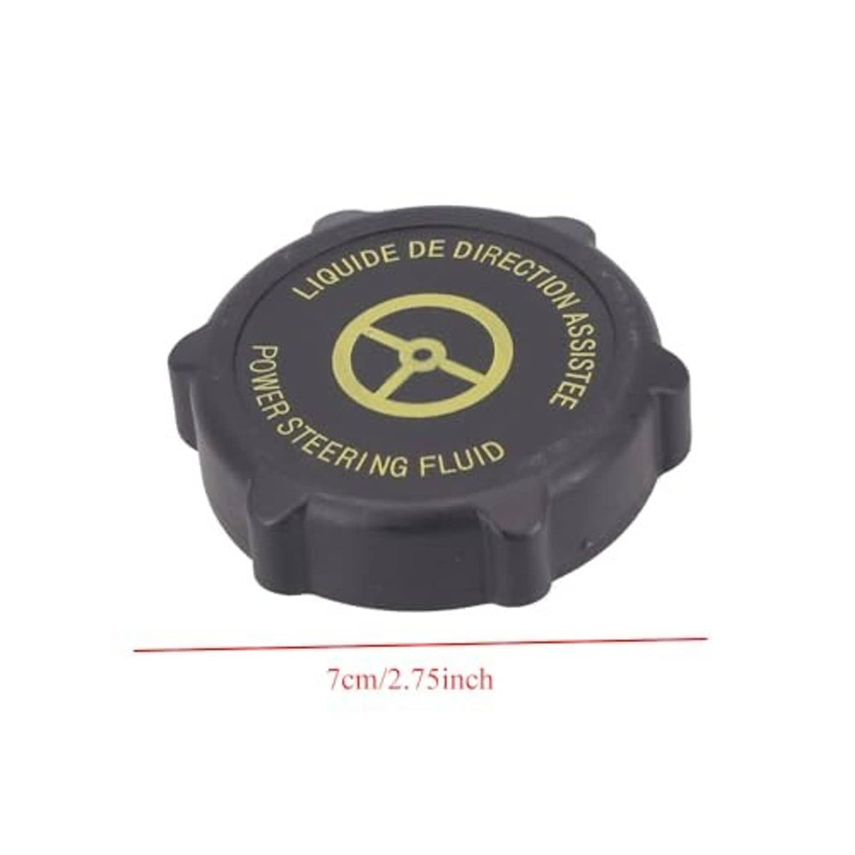 Black plastic gas oil filler cap, 7 cm diameter, yellow steering fluid direction text