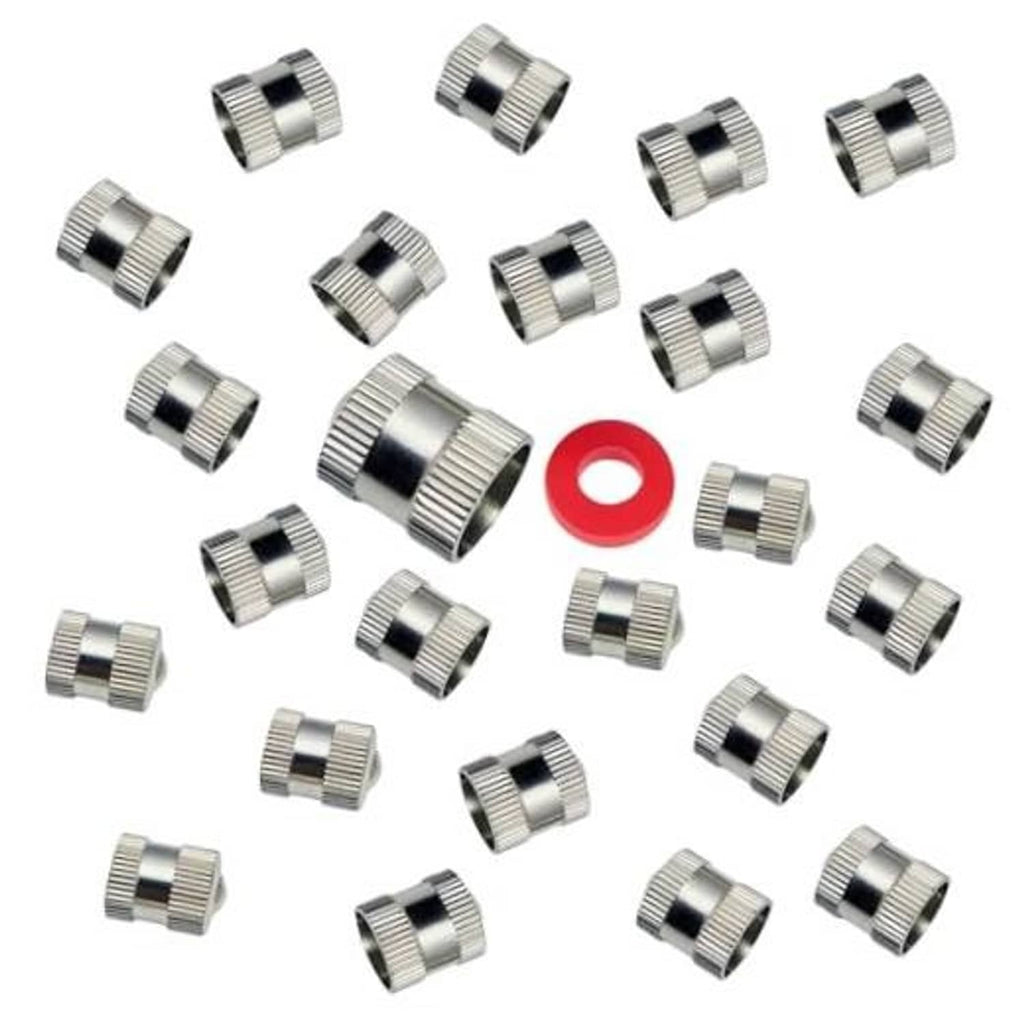 Assorted brass tire valve stem caps with red rubber gaskets, chrome-silver metal set