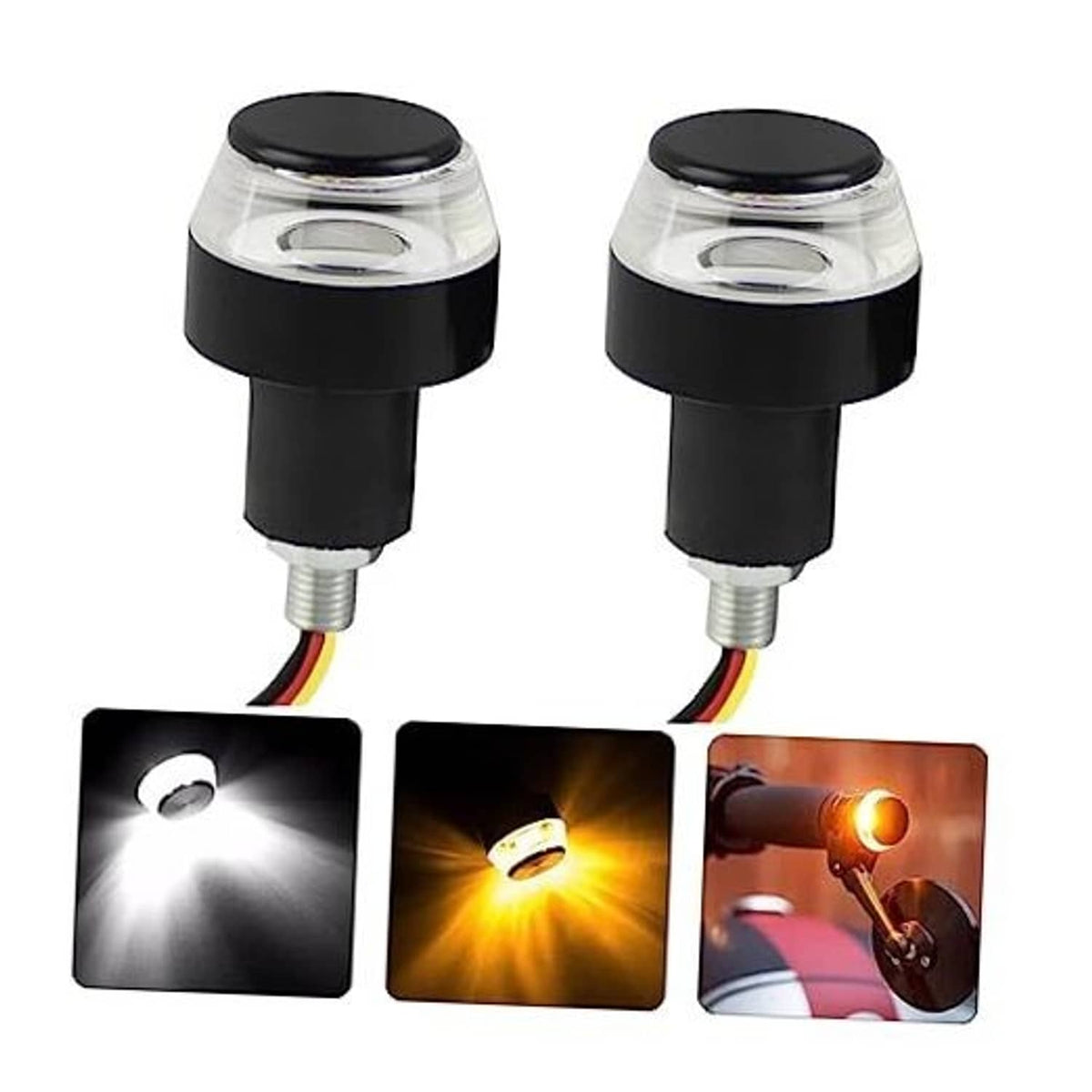 Pair of motorcycle handlebar end LED indicator lights, black housing with clear top