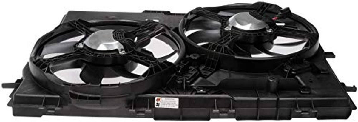 Engine cooling fan assembly shown from the side with two fan motors under a plastic cover