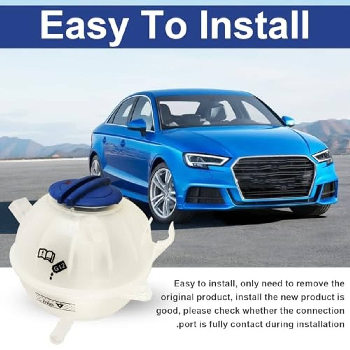 White coolant reservoir tank with blue cap beside car in installation scene