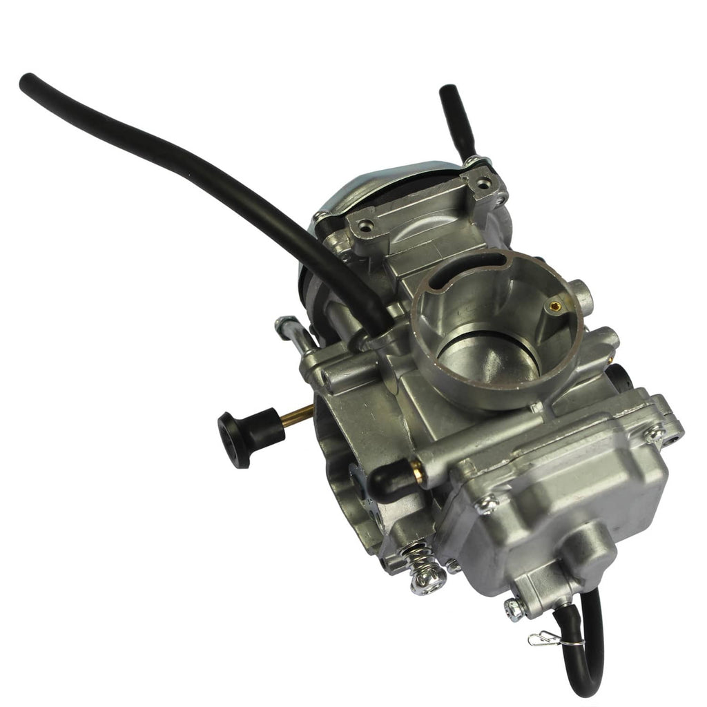 ATV carburetor with throttle bore opening and attached black vacuum/ fuel hoses
