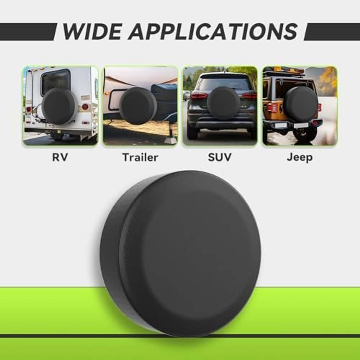 Black round spare tire cover for snug coverage over a wheel