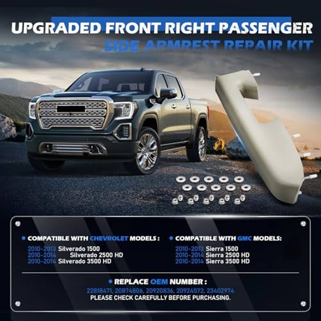 Upgraded passenger-side armrest repair kit with gray armrest cover and metal hardware