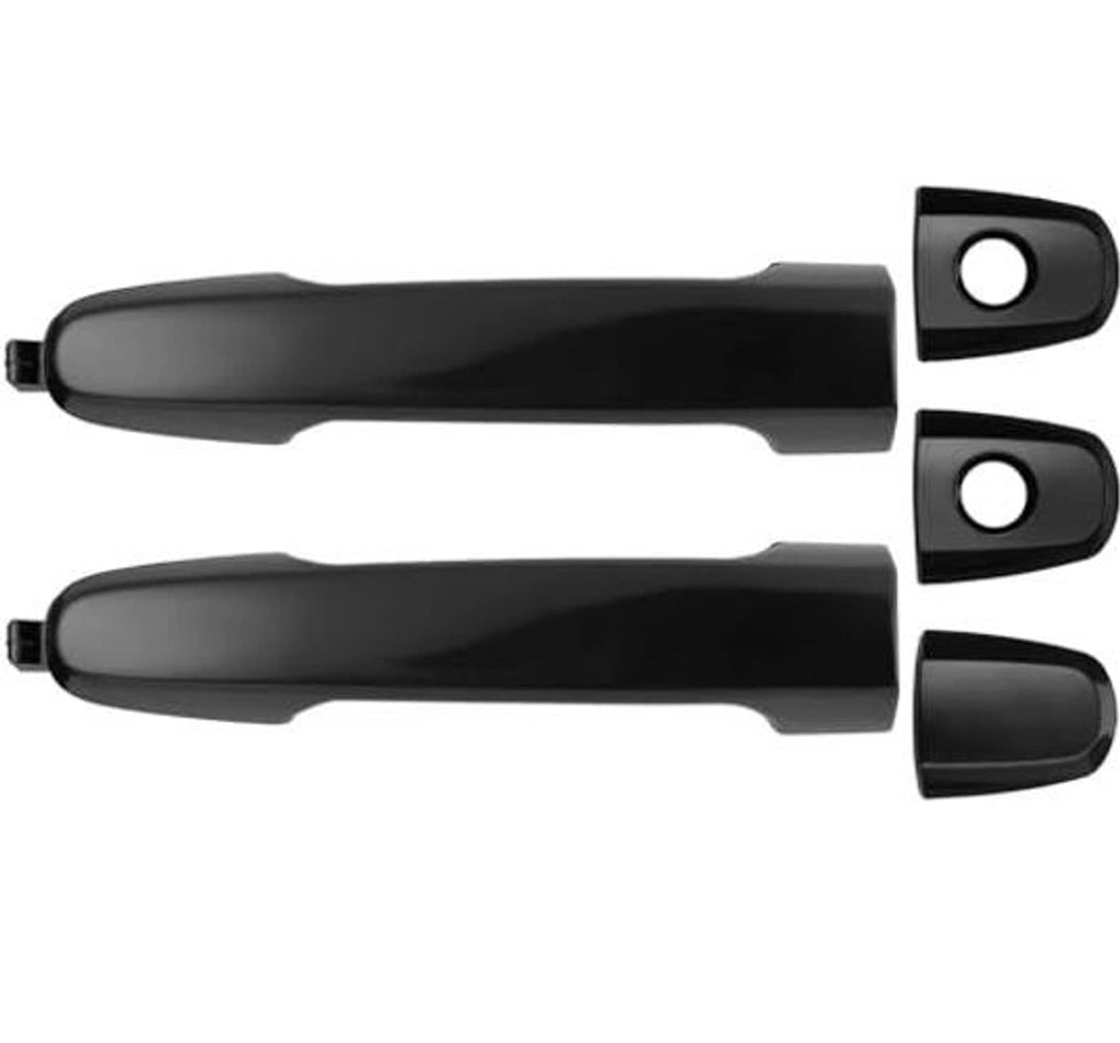 Pair of dark gray exterior door handles with round keyholes and black end caps
