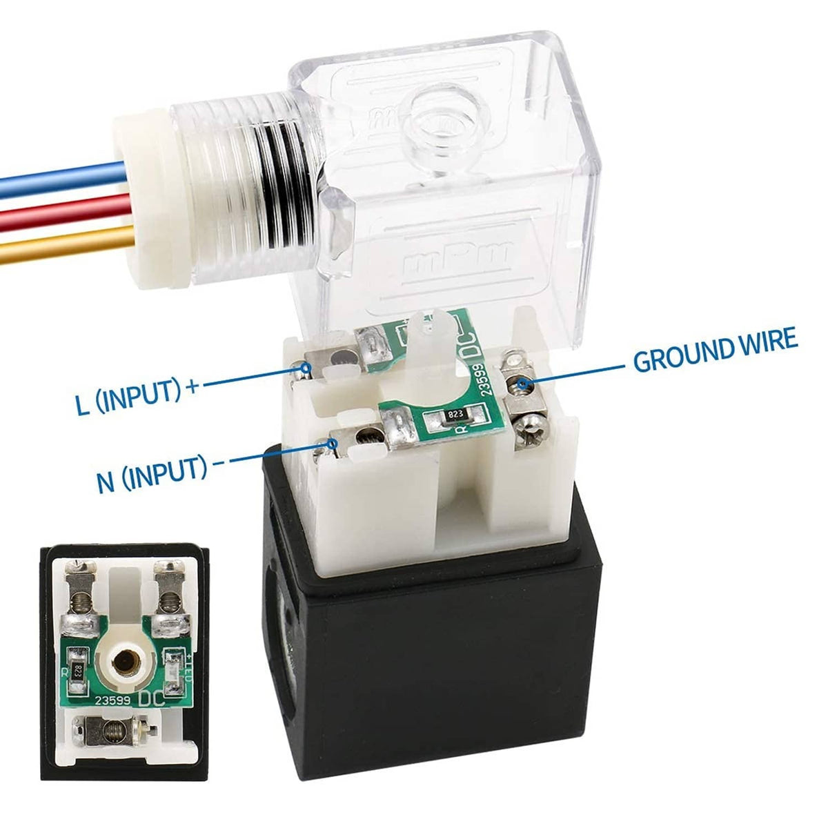 Pneumatic solenoid valve terminal block with L and N input leads and ground wire