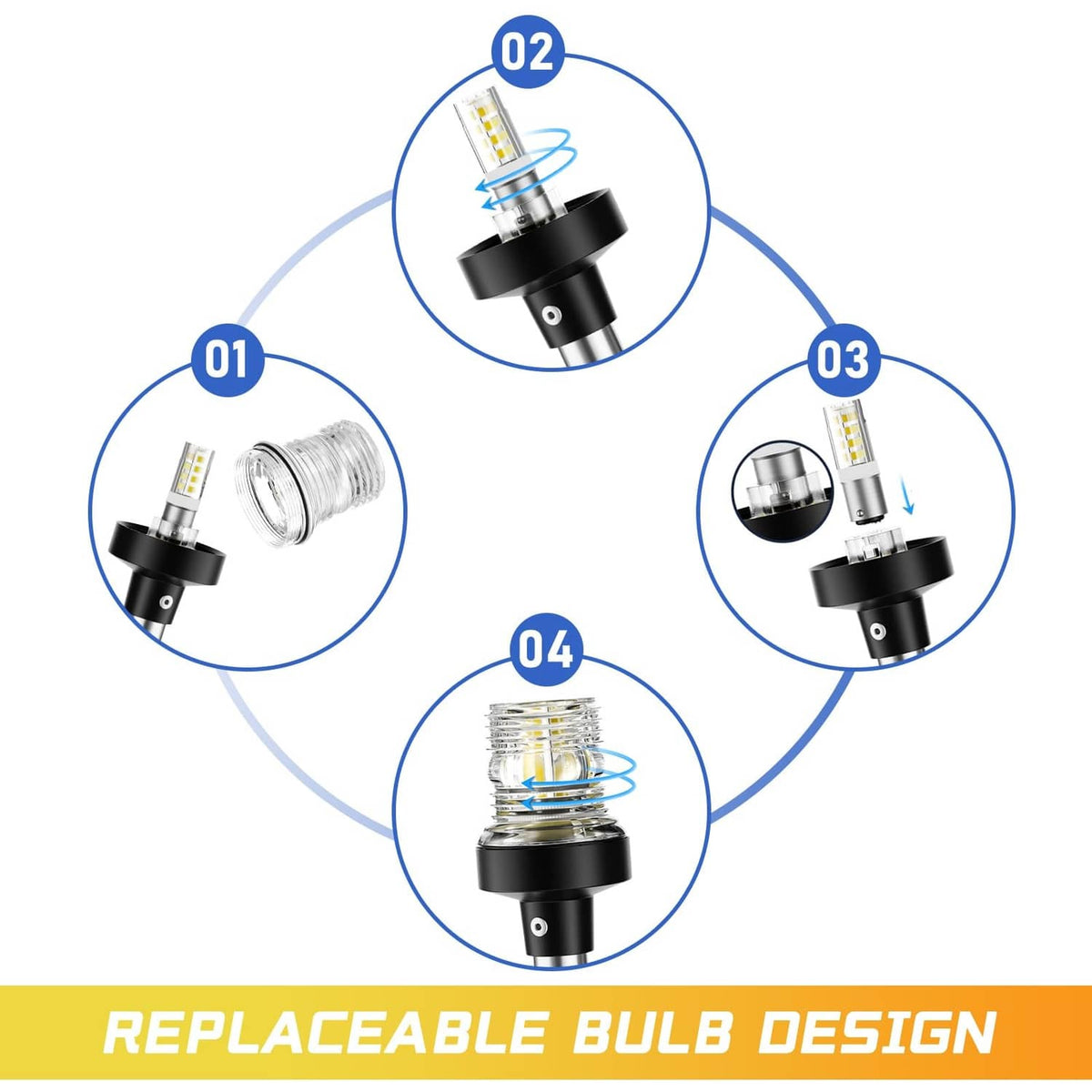 Replaceable LED bulb for anchor light, clear lens with yellow LED chips in housing