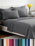Grey queen bed sheet set with matching pillowcases and flat sheet, neatly folded on a bed