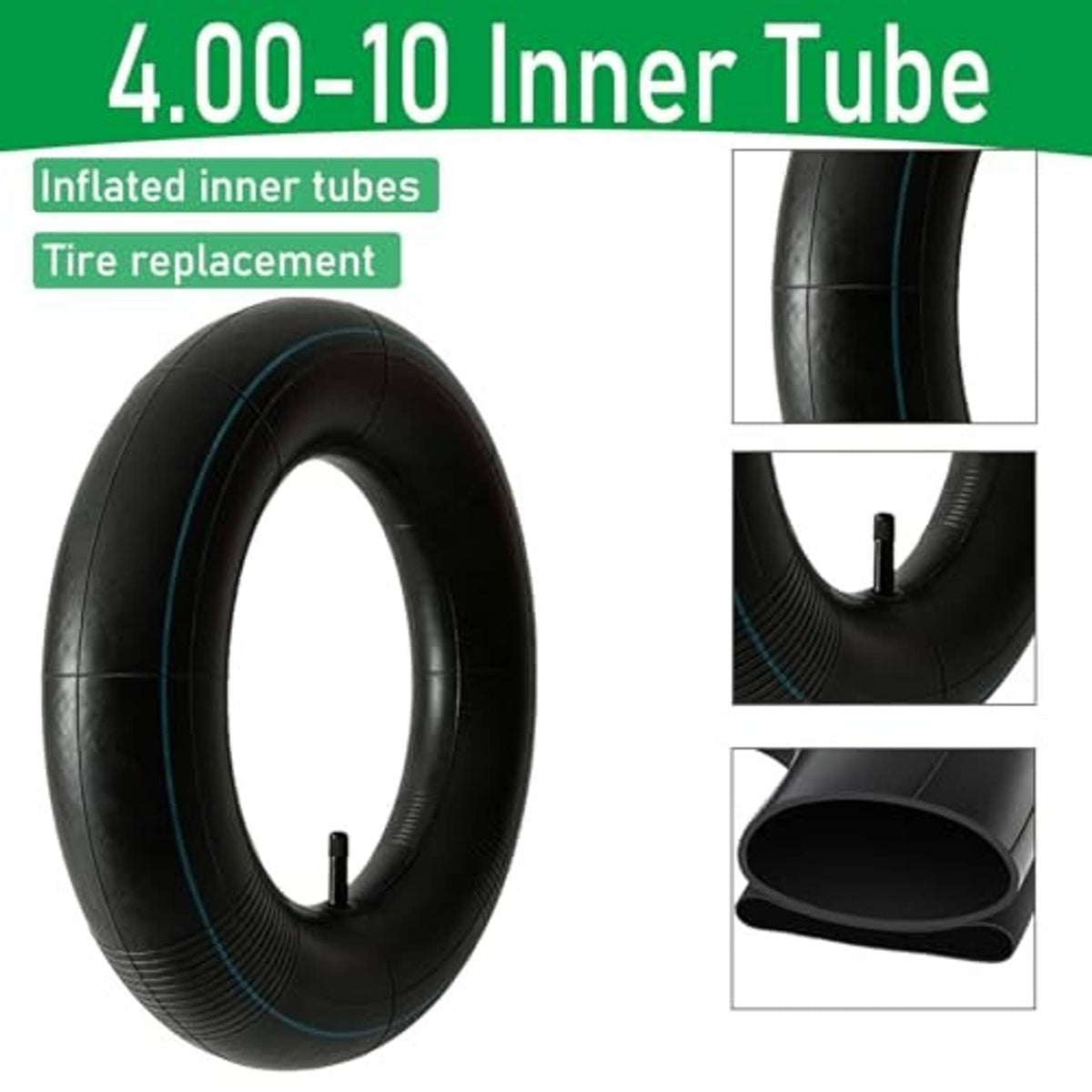 Black 4.00-10 inner tube with blue rings and a single valve stem
