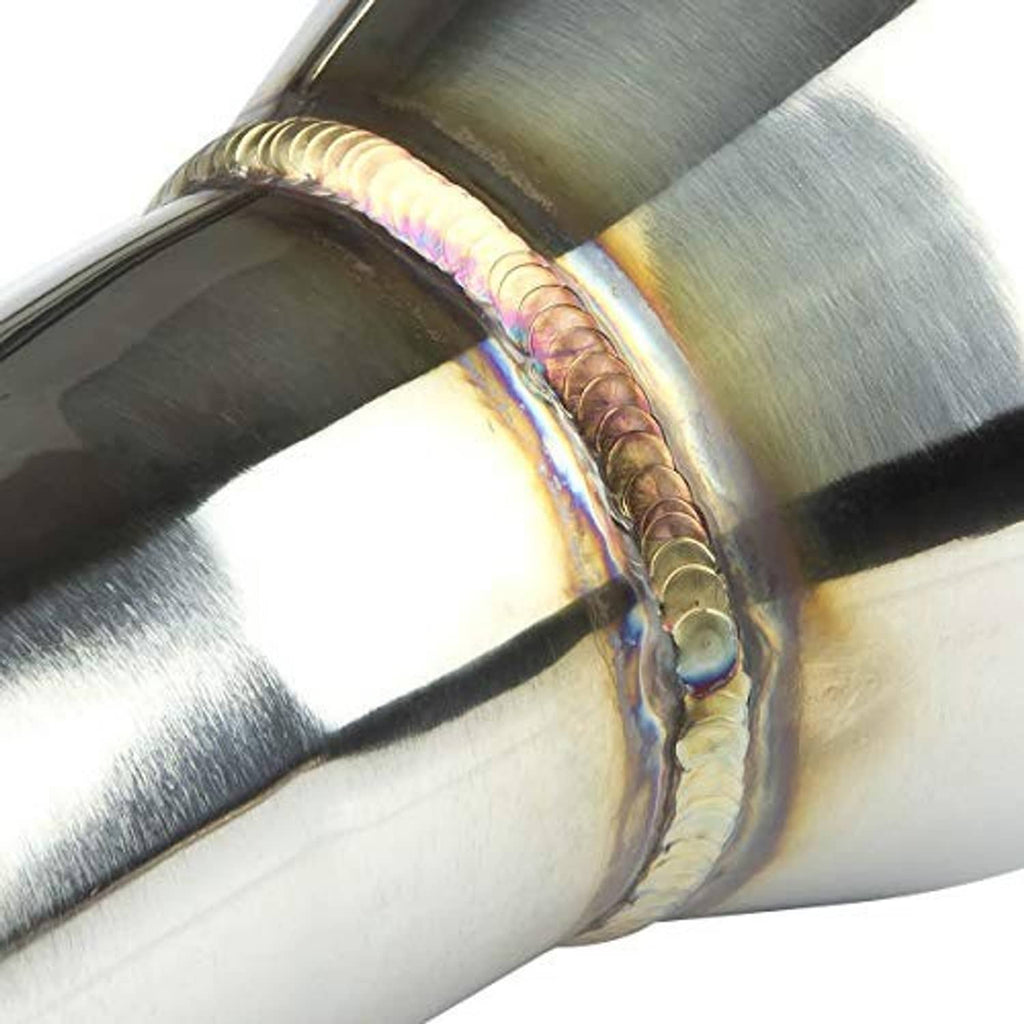 Stainless exhaust weld seam on silver tubing with heat discoloration