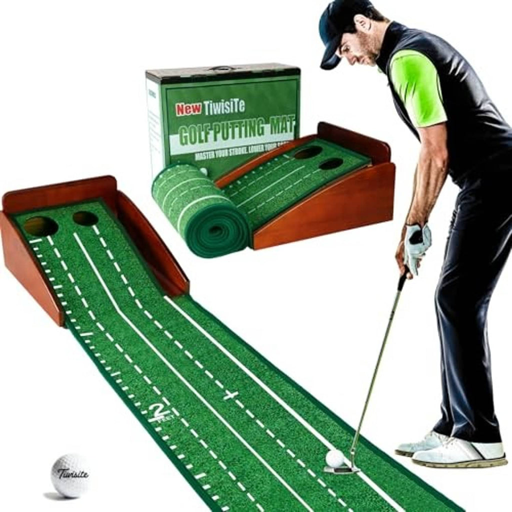 Green golf putting mat on wooden base with two target holes and automatic ball return