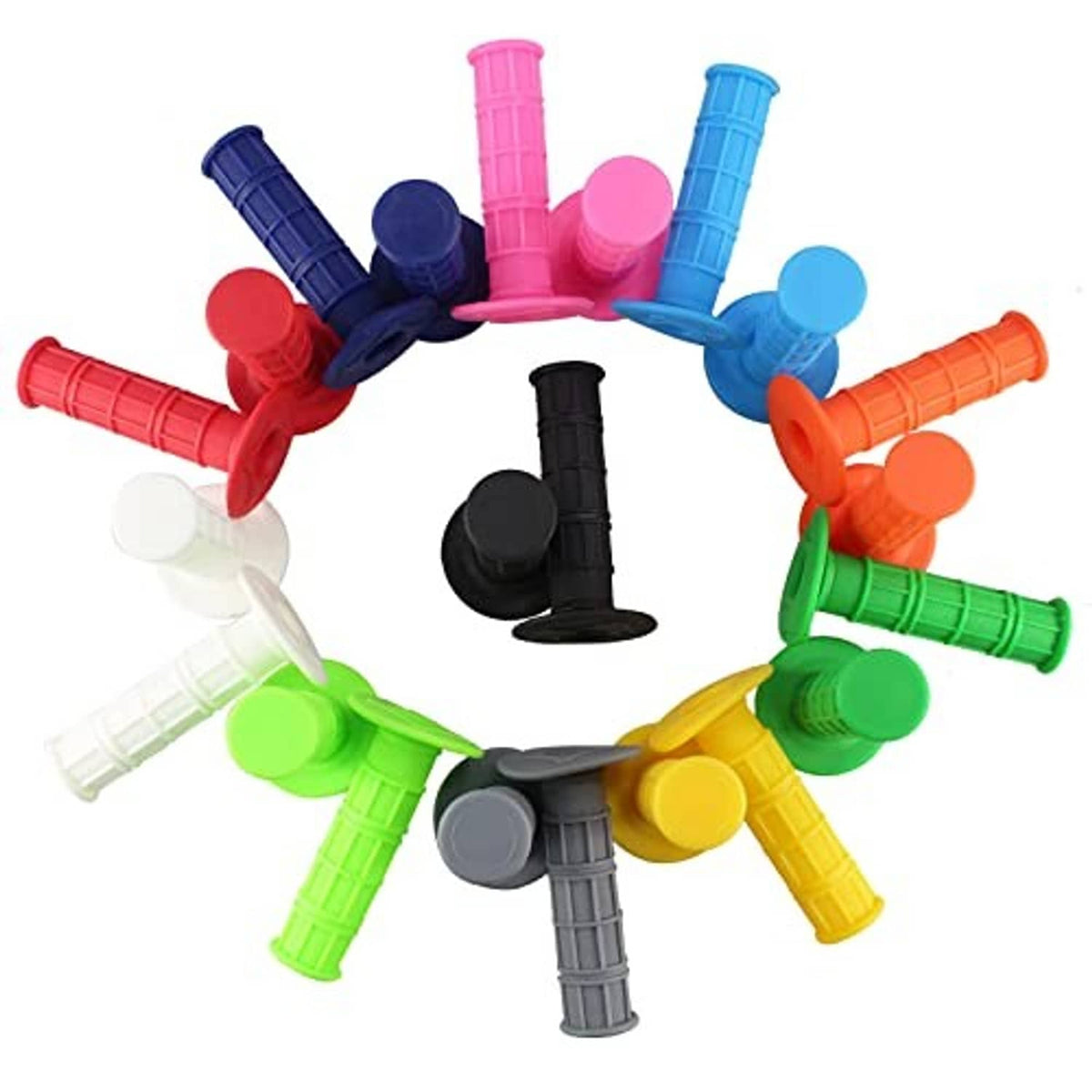 Assorted color rubber motorcycle handlebar grips with textured pattern and flared ends