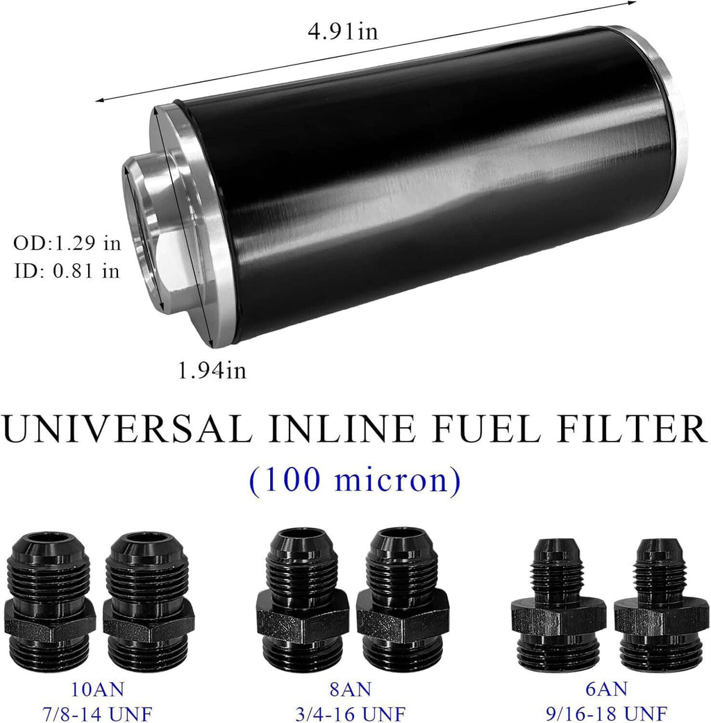 Universal inline fuel filter canister with mounting bracket and included threaded adapters