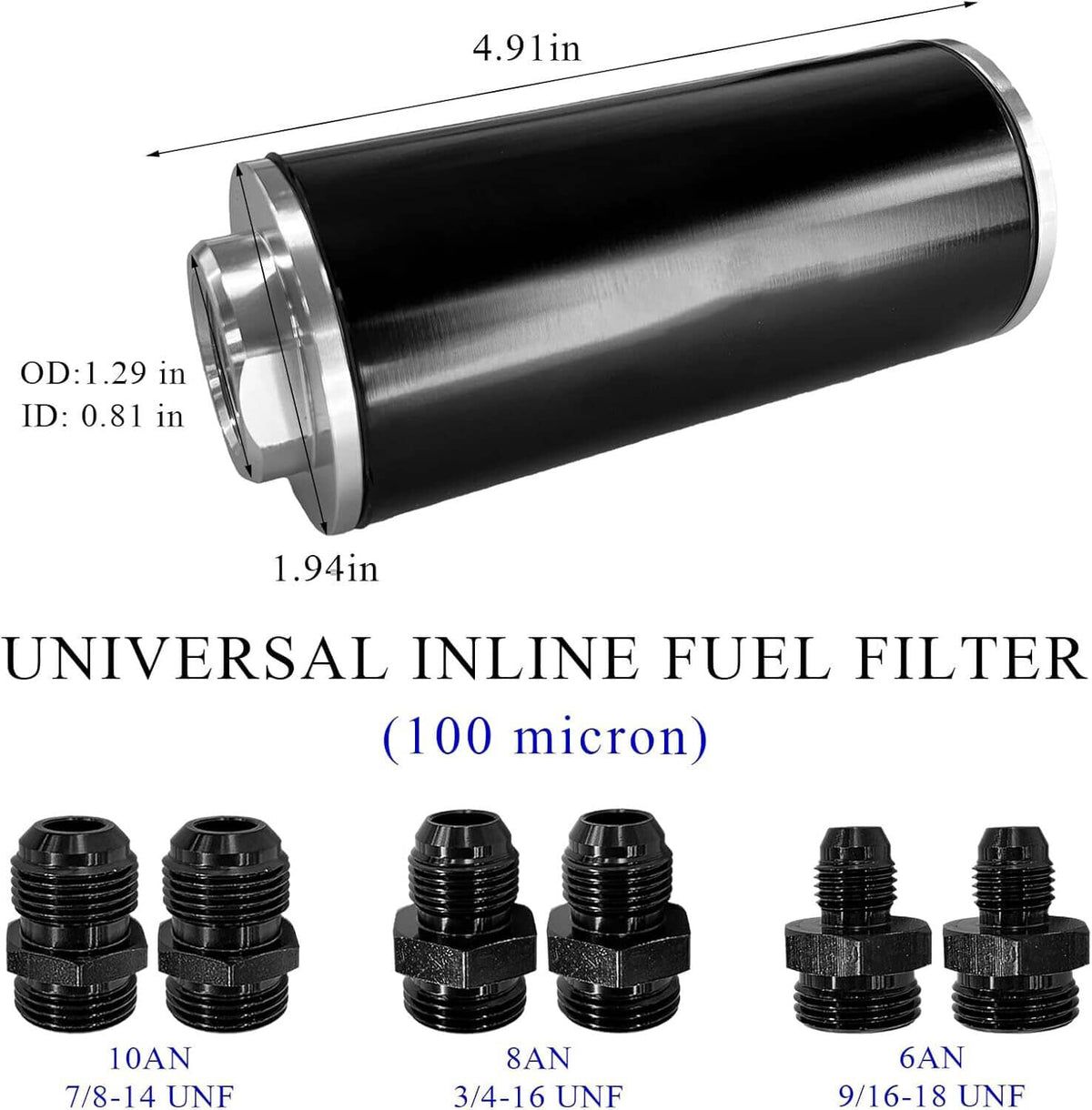 Universal inline fuel filter canister with mounting bracket and included threaded adapters
