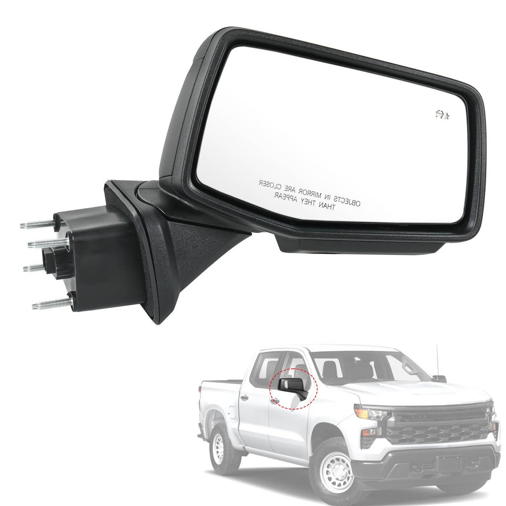 Passenger side door mirror with clear glass, black housing, and mounting bracket visible