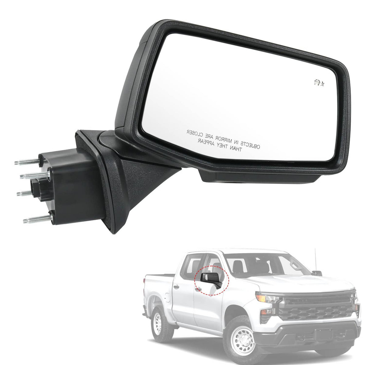 Passenger side door mirror with clear glass, black housing, and mounting bracket visible