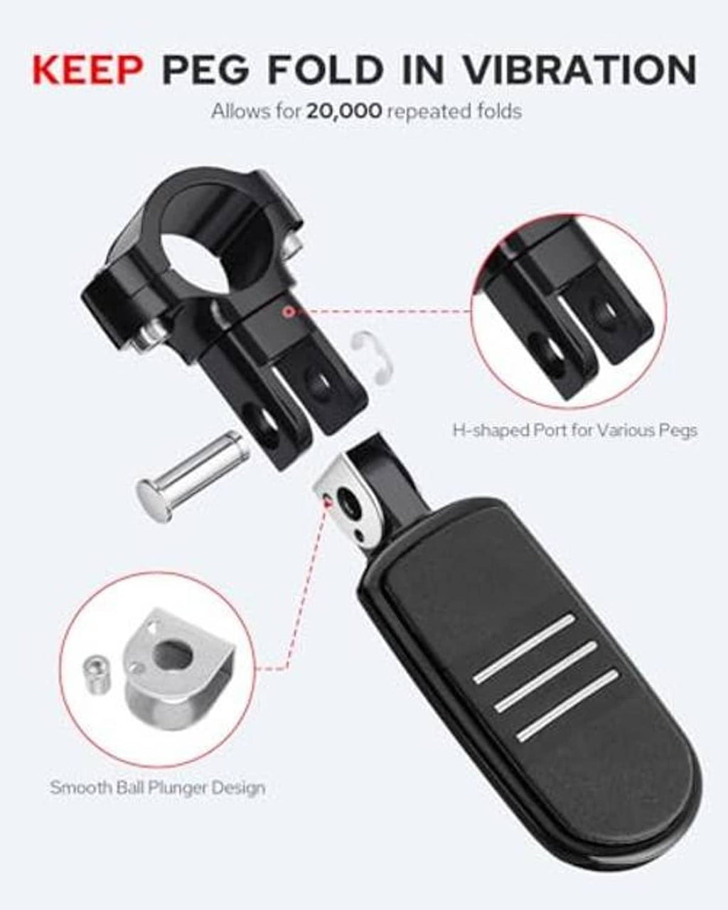 Black motorcycle highway foot pegs with fold-in pivot design and locking hardware