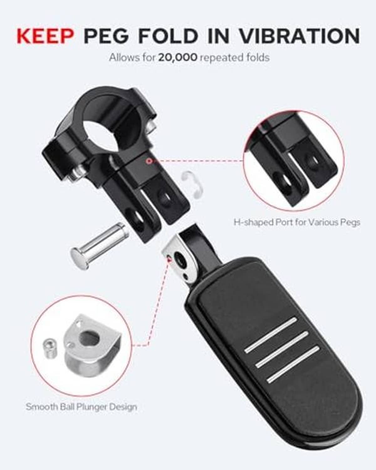 Black motorcycle highway foot pegs with fold-in pivot design and locking hardware