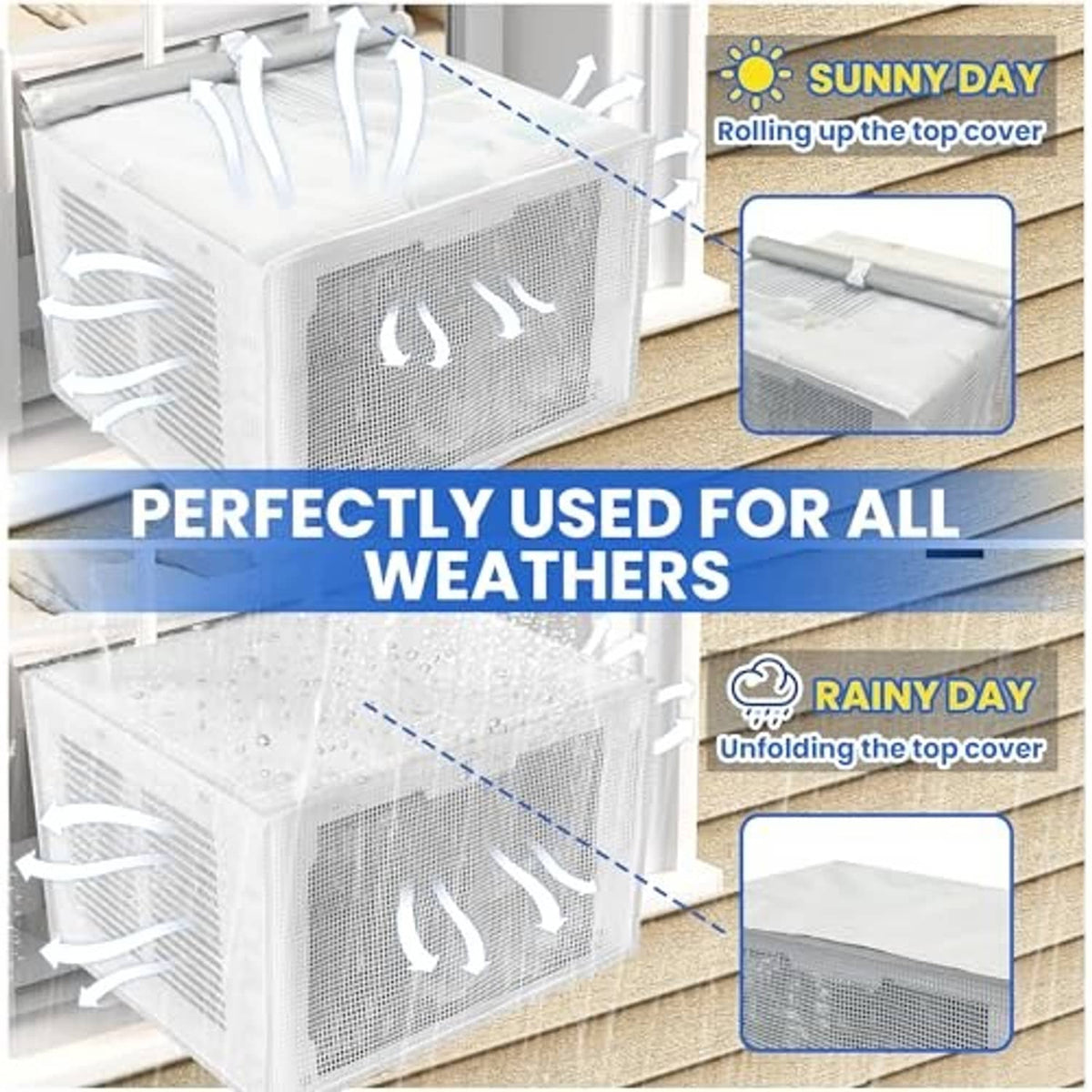 White PVC mesh window AC cover with rolled top for rain and weather protection.