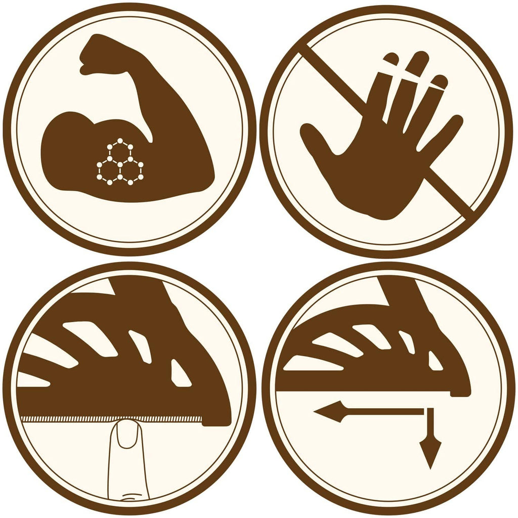 Circular safety icons illustrating push block gripping and guidance for woodworking