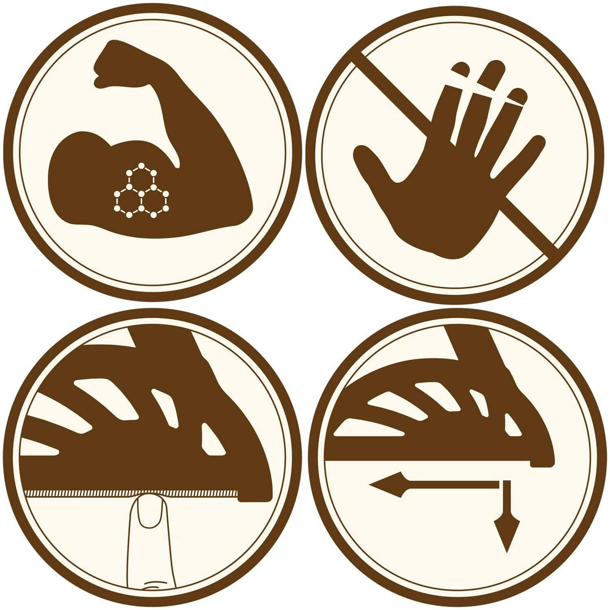 Circular safety icons illustrating push block gripping and guidance for woodworking
