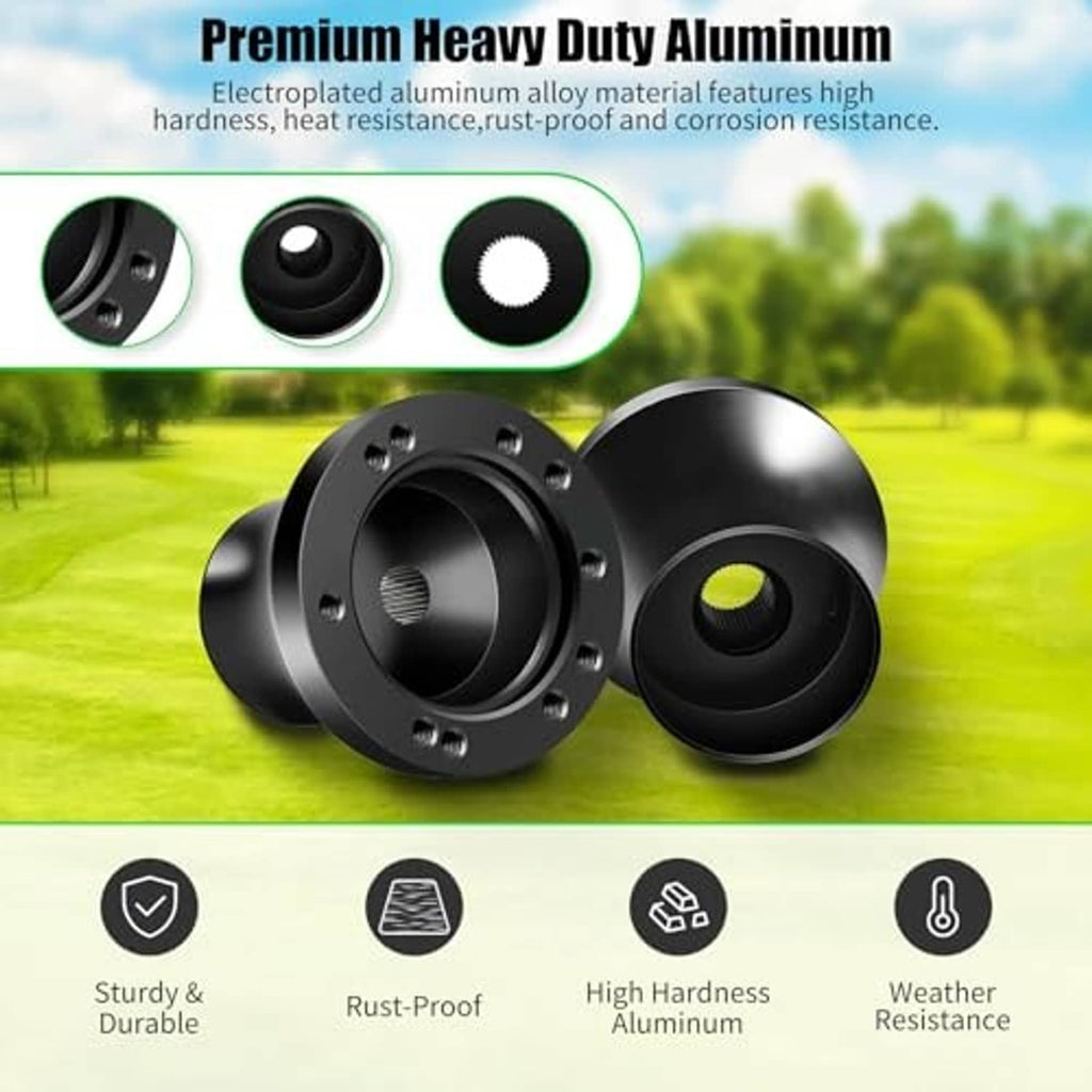 Black aluminum steering wheel adapter with machined rim and bolt-hole pattern