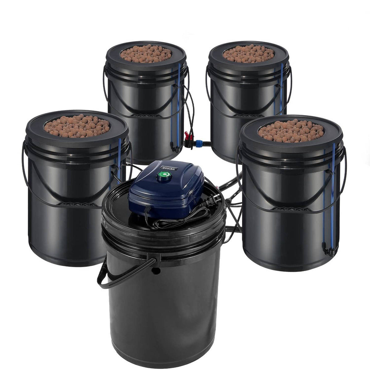 Recirculating deep water culture hydroponics system with four buckets and black reservoir
