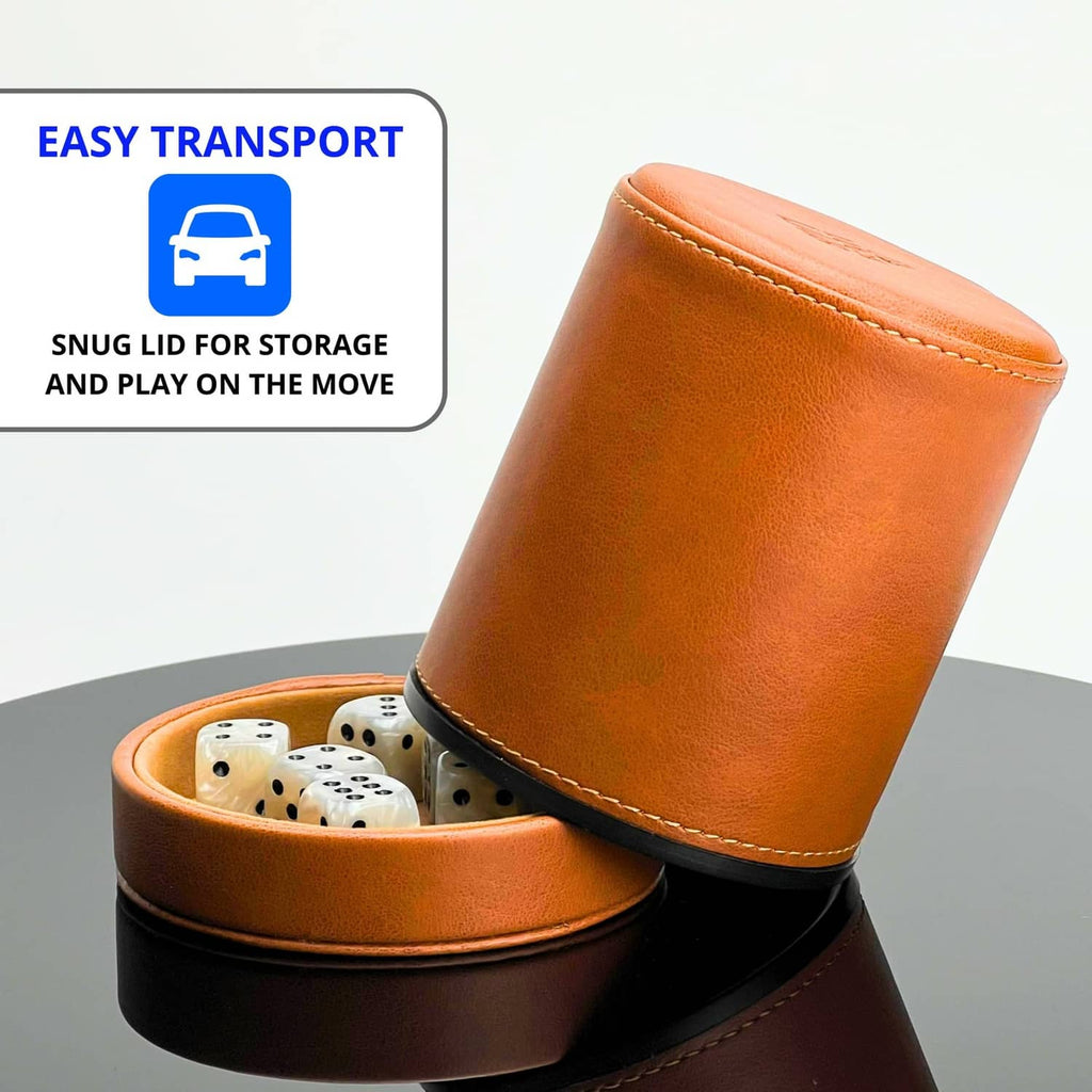 Brown leather dice cup with hinged lid open, holding tan dice and black dice bases